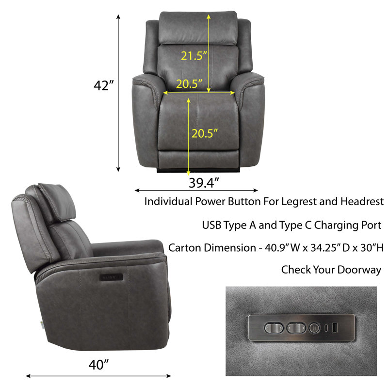 Fauteuil inclinable électrique en tissu avec port USB et port de charge Hudson, Dark Grey Fabric Chair
