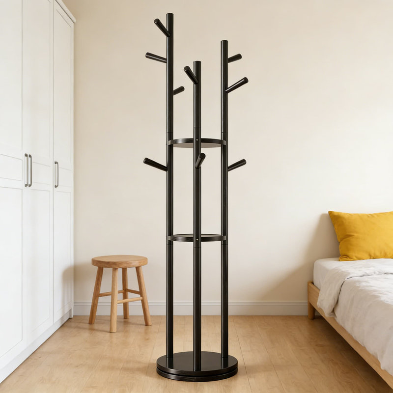 Solid Wood Rotating Coat Rack With 3 Shelves And 9 Hooks, Freestanding Heavy Duty Coat Tree For Entryway, Bedroom, Living Room, Organizer For Coats, Bags, And Scarves