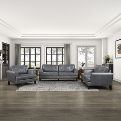 Nico Modern Contemporary Top Grain Leather 3-Piece Living Room Set with Refined Tufted Detail, Removable Zipper Covers & Pocket Coil Seating