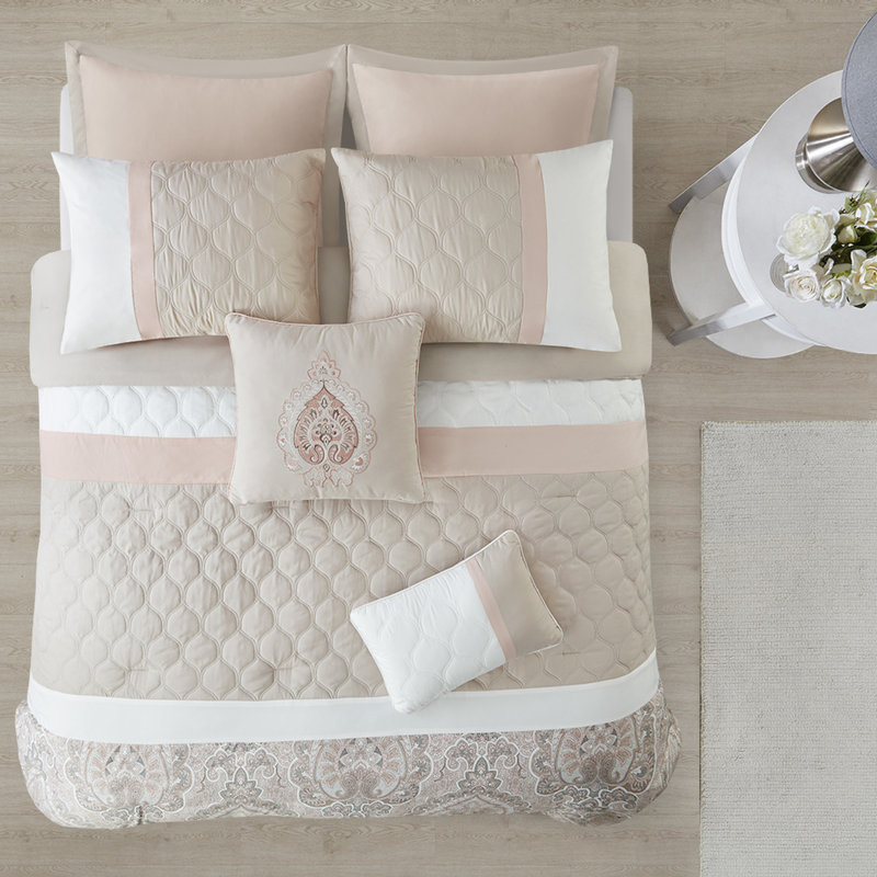 Édredon 8 pièces pour très grand lit - imprimé partiellement rosé, taies décoratives européennes, coussins décoratifs, édredon lavable, rembourrage,