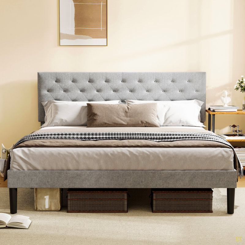 Queen Size Bed With Iron Frame, Grey, 45.2"/49.2" Adjustable Headboard, Easy Install Bedroom Bed, 44.12 In Height, 6.3" Under Storage,