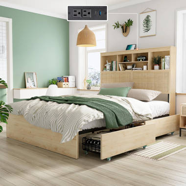 Brafab Natural Rattan Queen Bed Frame with Wooden Headboard and 4 Storage  Drawers, Boho Cane Bed Metal Platform Bed with Strong Wooden Slat Mattress  Foundation, Noise Free, No Box Spring Needed… 
