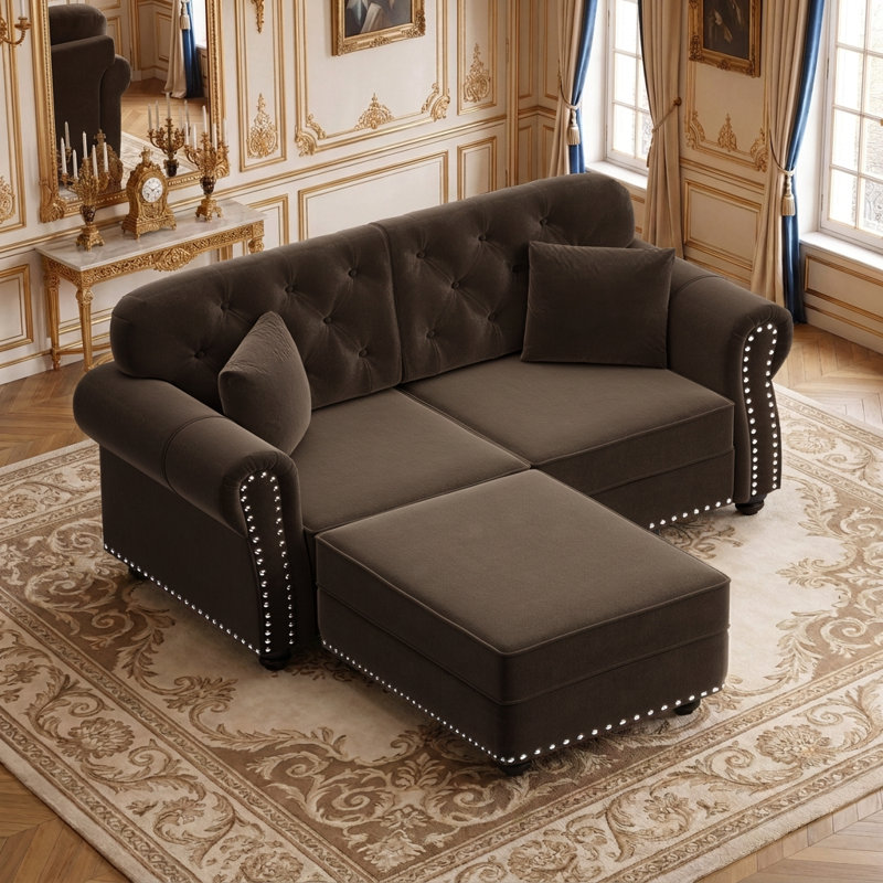 Canapé Chesterfield de 63 po de style Mid-Century moderne avec garniture cloutée, accoudoirs roulés, capitonné et 2 coussins