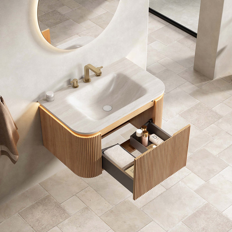 Meuble-lavabo suspendu avec lavabo intégré en pierre frittée à motif de travertin, tiroir, éclairage à détecteur de mouvement et finition rayée 3D, aspect bois naturel, TH