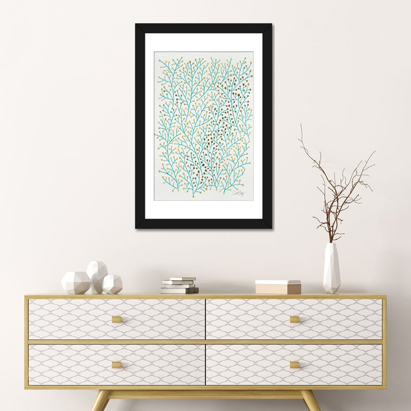 « baies branches », impression sur toile tendue en turquoise doré, Papier avec cadre noir, Blanc, H 32 po x l 24 po x P 1 po