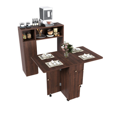 Small Apartment Dining Table With Sideboard & Storage Layers, Silent Wheels, Walnut Finish Storage, 12.01 In Width, Deformation-,