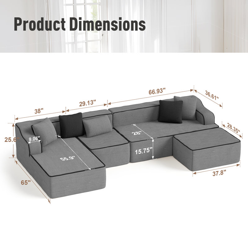 Canapé modulaire 6 places, canapé gris doux moderne de 134 po de large, aucun assemblage requis, pour le salon, Tissu gris
