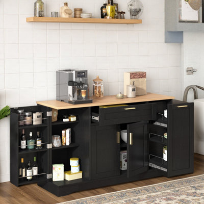 Multi-Functional Kitchen Sideboard With Extendable Dining Table, Storage Cabinet With 3-Tier Pull-Out Rack