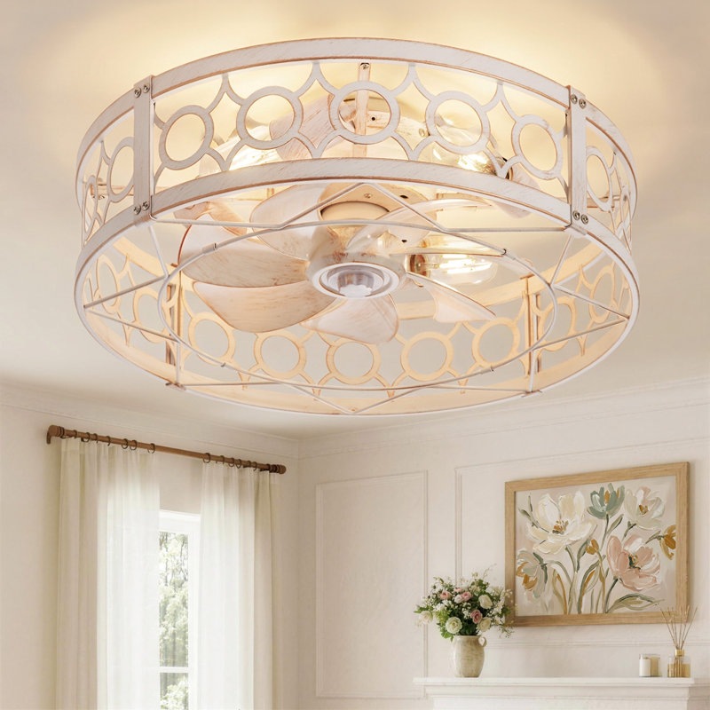 Ventilateur de plafond encastré en cage 20 po avec luminaire et télécommande pour chambre Cissline, blanc et or