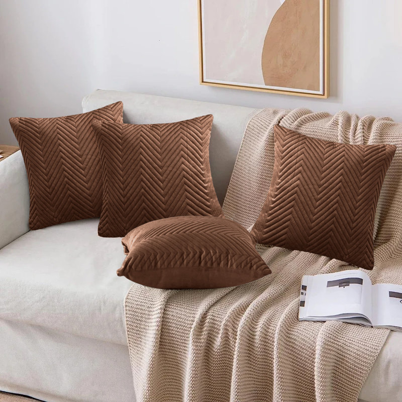 Embossed Velvet Cushion Cover (4 Piece Set), Coffee