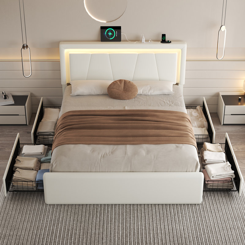 Upholstered Platform Bed with 4 Large Storage Drawers, RGB LED lights, Charging Station, Adjustable Headboard, Easy Assembly