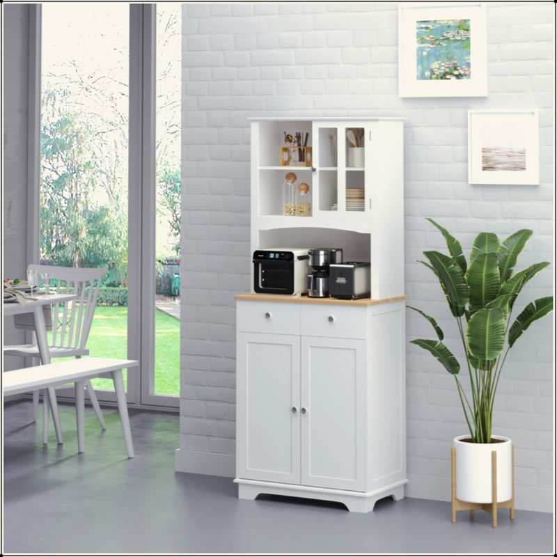 Buffet de cuisine autoportant de 67 po avec huche, garde-manger avec support à micro-ondes, tablette réglable, 2 tiroirs, armoire
