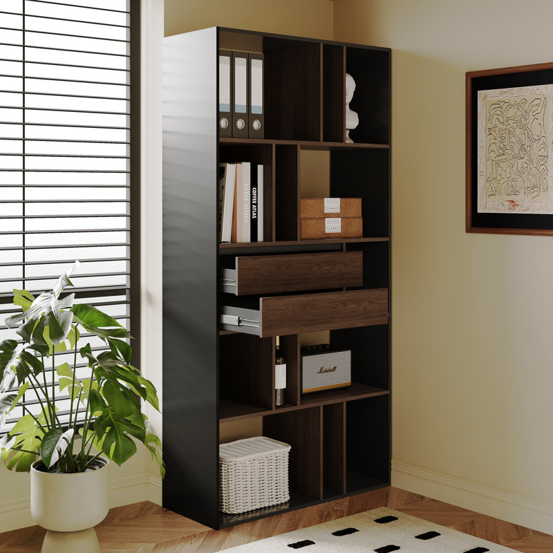70.86'' H Tall Bookshelf and Bookcase Display Case With 2 Storage Drawes And Open Cabinet