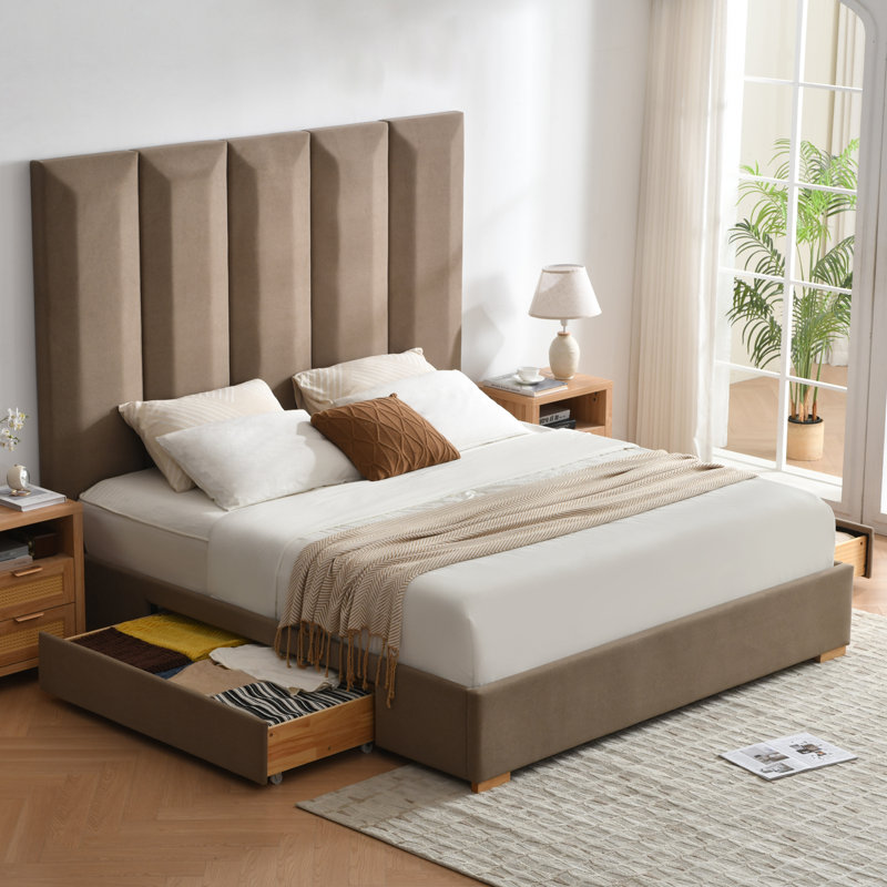 Grande tête de lit tapissier avec 2 tiroirs de rangement en bois Coletti, Très grand lit, Taupe