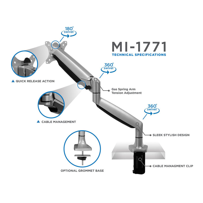 Silver Full-Motion Single Monitor Desk Mount with Adjustable Arm