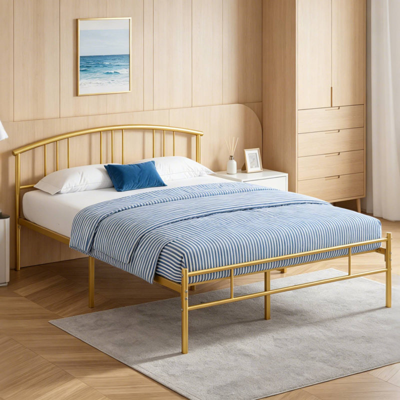 Base de lit double avec base de lit en métal avec tête de lit et pied de lit, sommier, aucun sommier nécessaire, Complète