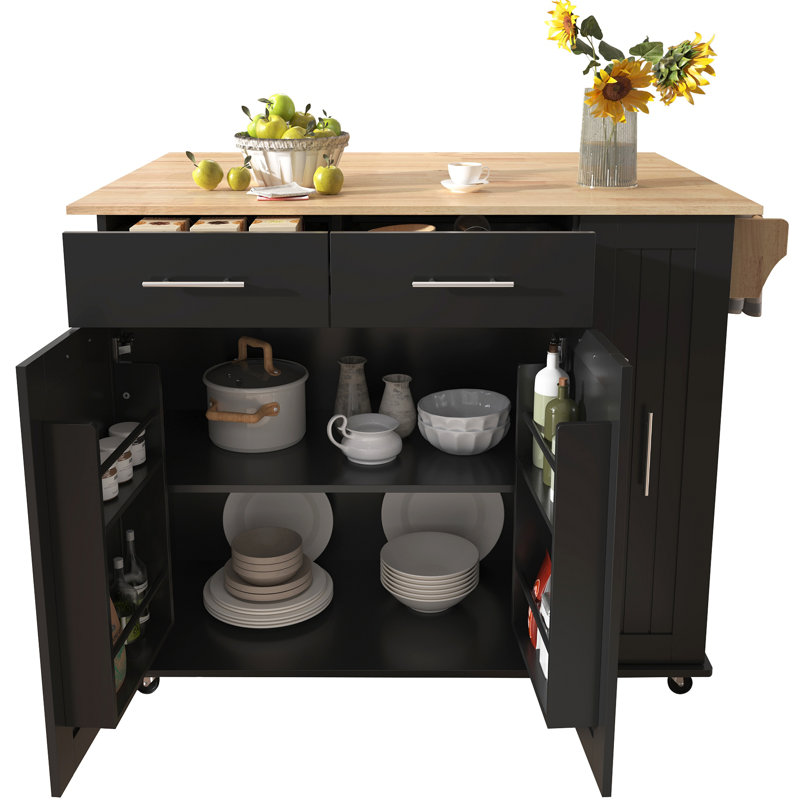 Îlot de cuisine avec abattant, chariot de rangement de cuisine avec organisateur à 3 niveaux, support de rangement interne, chariot de cuisine sur roulettes avec porte-serviettes, 2 tiroirs, pour la cuisine