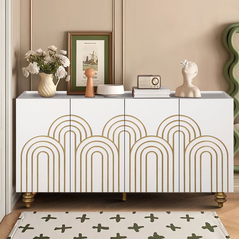 Modern Fluted Sideboard Buffet , 4-Door Storage Cabinet with Curved Accents & Clean Lines, Adjustable Shelves for Kitchen, Dining & Living Room