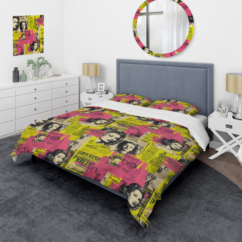 Literie Popart rose néon Collage III, Housse de couette pour grand lit et 2 taies décor