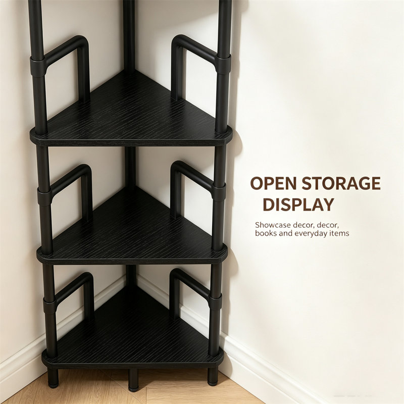 6-Tier Corner Shelf Stand – Metal Frame Corner Bookshelf, Narrow Display Rack, Industrial Corner Bookcase for Living Room, Bedroom, Home Office