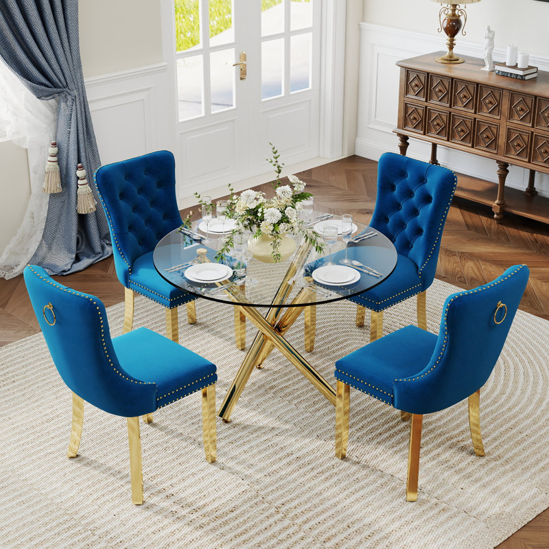 Ensemble de salle à manger à piédestal rond 5 pièces avec chaise capitonnée en velours pour salle à manger et salon, Bleu