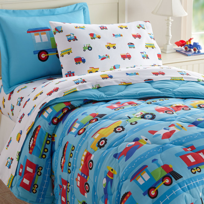 Wildkin Full Sheet Set – Soft Microfiber, Fitted & Top Sheet, Pillowcase - Trains, Planes, and Trucks