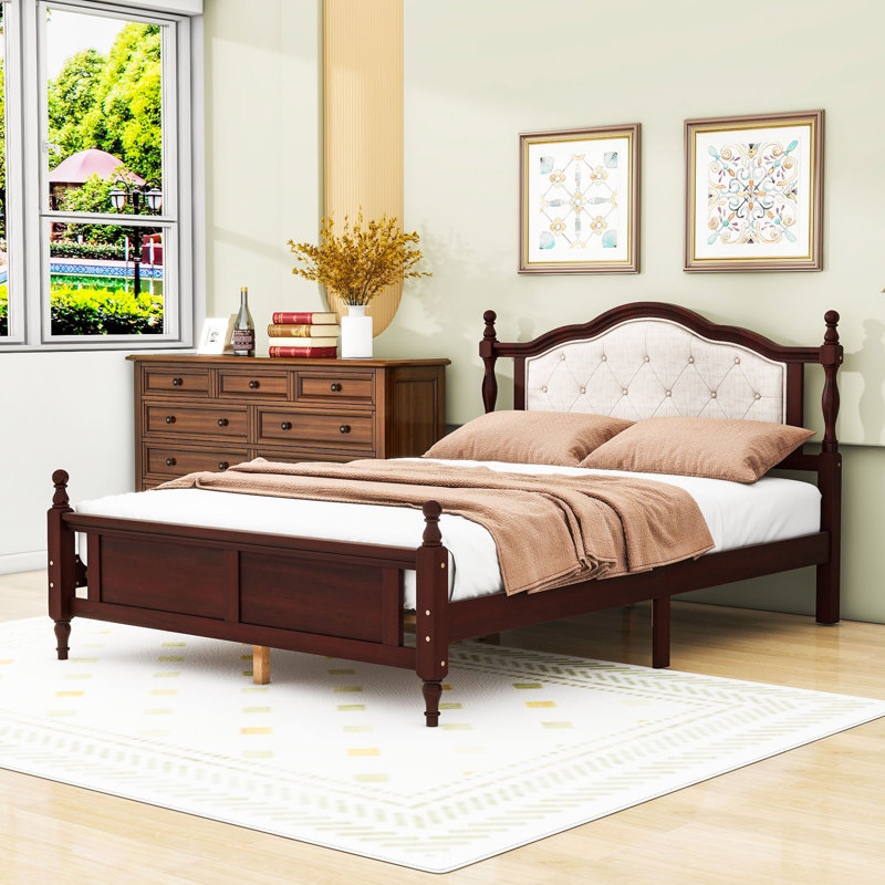 Queen Upholstered Platform Bed with Headboard, Cherry