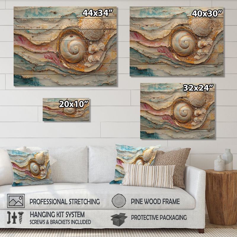 Coquillage et émeraude sable III - art mural bois côtier - sur bois de pin naturel, H 34 po x l 44 po x P 0,78 po