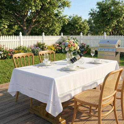 Heavy Duty Fabric Tablecloth With White Lace-Waterproof/Wrinkle Free/Stain Resistant/Oil Proof-For Dining,Indoor&Outdoor,Wedding,Holiday,White,Rectangle 60X84inch