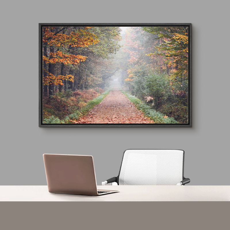 Autumn Fall " Autumnal Serenity Forest Trail ", 16" H x 24" W, Black Framed