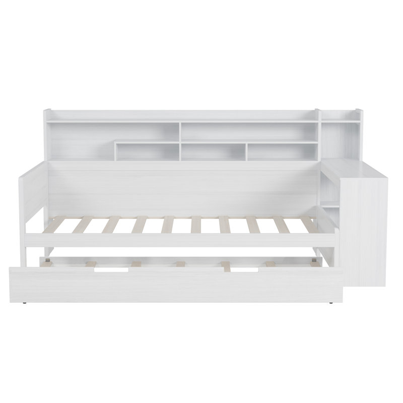 Lit de jour en bois avec tablettes de rangement, lit multifonctionnel avec lit gigogne et bureau, Blanc antique, Lit simple