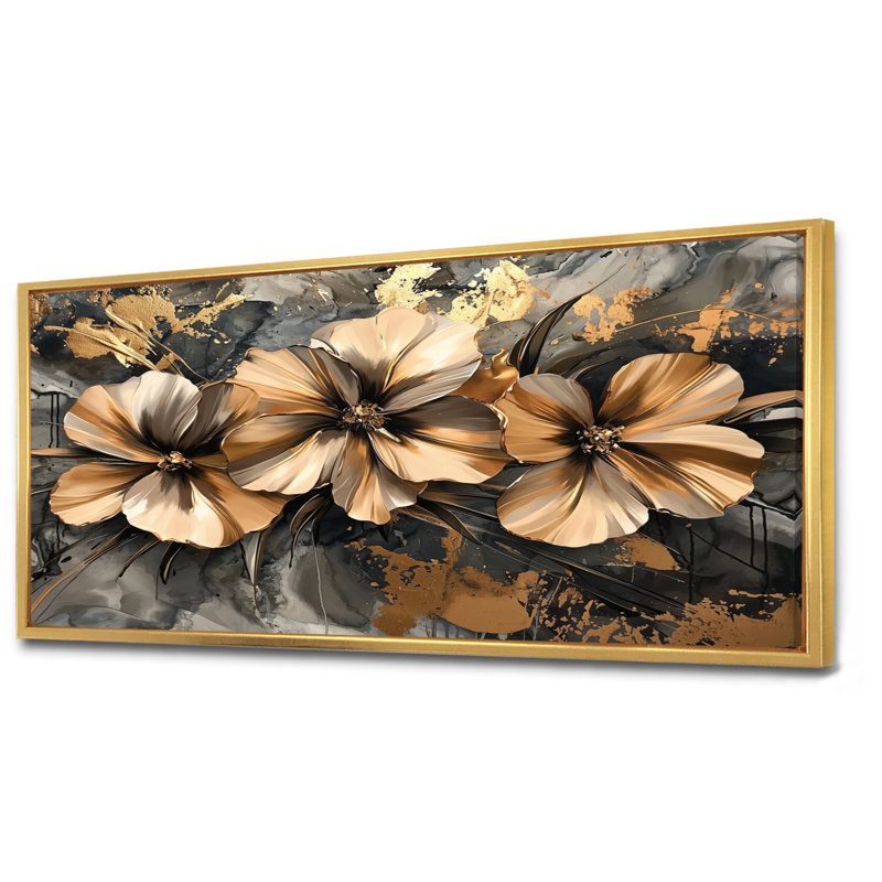 Cuivre, danse des coquelicots - coquelicots, art mural, H 28 po x l 60 po, Cadre flottant, Doré
