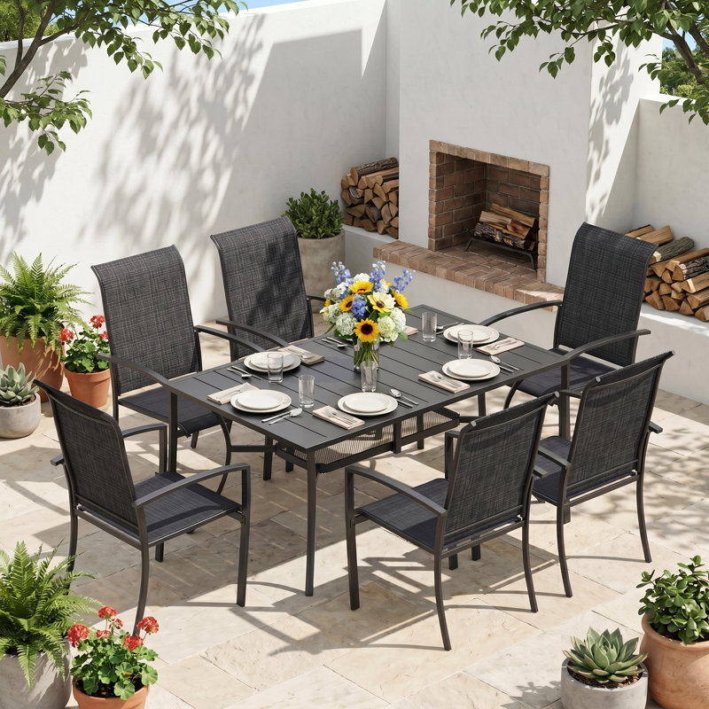 6-Person Rectangular Patio Dining Set With Stackable Textilene Chairs