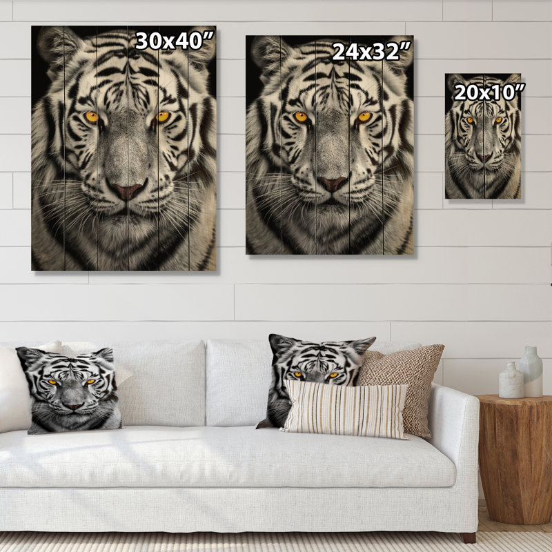 Tigre blanc féroce I sur bois, H 40 po x l 30 po x P 0,78 po