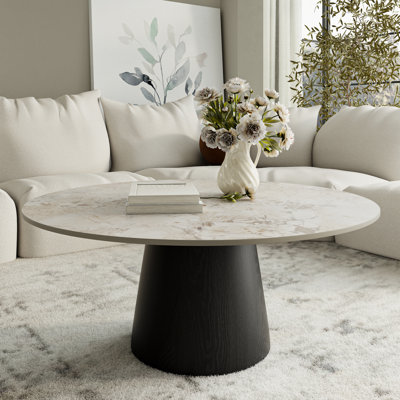 Stone Round Coffee Table Wooden Pedestal Center Cocktail Table Side Table Mid-Century Modern For Living Room & Home Decor