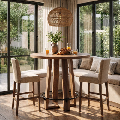 Table de salle à manger ronde haute avec repose-pieds en métal, brun rustique