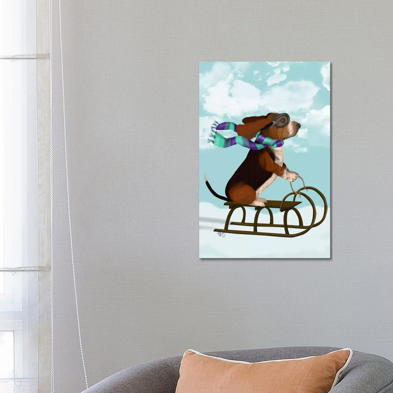 Basset Hound, Sledging by Fab Funky - Wrapped Canvas Gallery-Wrapped Canvas Giclée, 66.04 cm H x 45.72 cm W