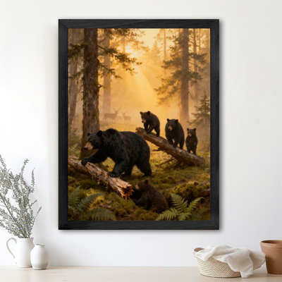Art encadré noir La famille d'ours noirs chaleureux jouant et gambadant dans la forêt, impressions sur toile de style rétro