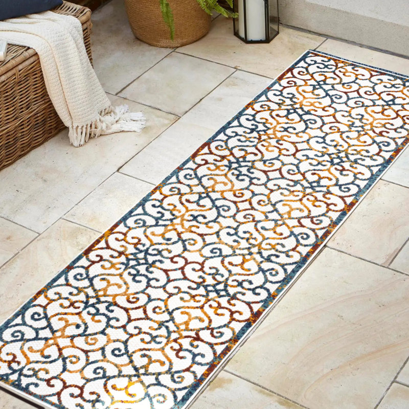 Rhianne Scroll Trellis Cream/Blue/Red Indoor/Outdoor Rug, Runner 2'3" x 8'