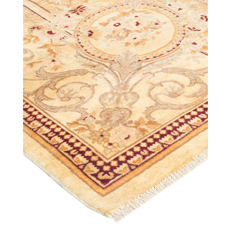 Tapis ivoire / brun noué à la main de conception unique et unique 6 pi 3 po x 9 pi 6 po Oakhur