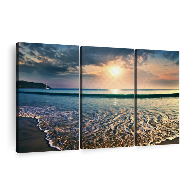 Grand coucher de soleil sur toile 3 pièces, H 48 po x l 74 po x P 1,25 po