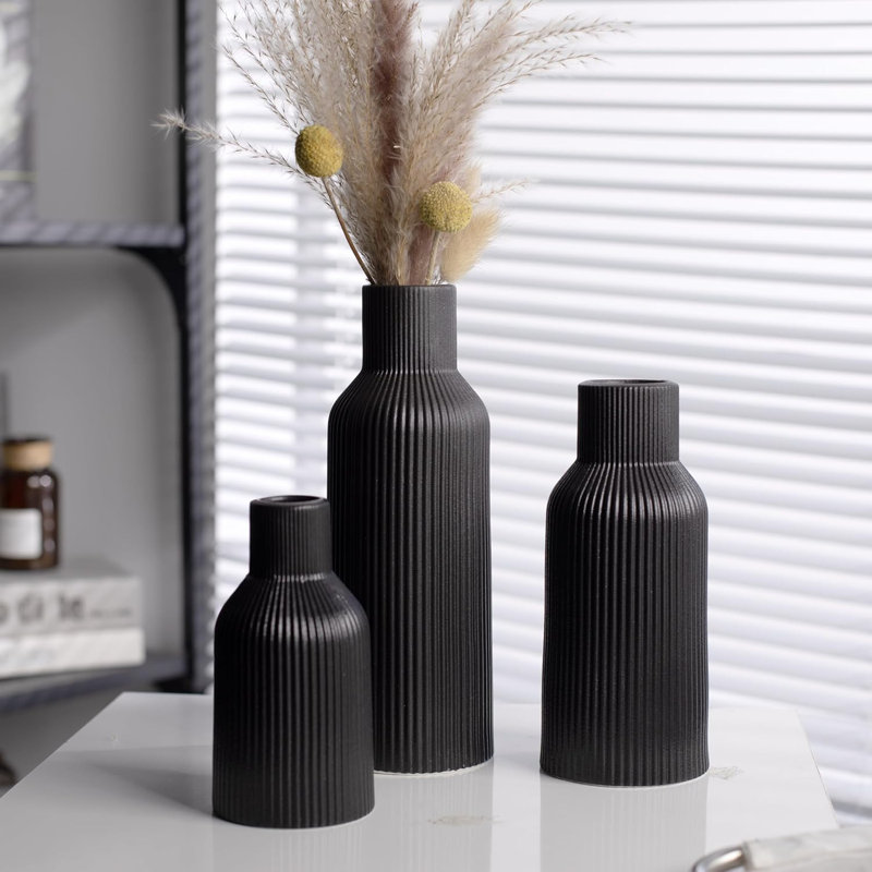 Set Of 3 Black Ceramic Vases