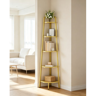 Étagère d'angle à cinq niveaux avec tablettes en verre trempé, présentoir sur pied, bibliothèque ouverte et support pour plantes, meuble de rangement géométrique moderne pour salon, chambre, bureau et salle de bain, finition dorée
