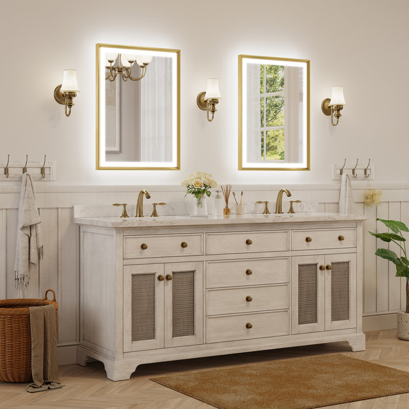 Modern Bathroom LED Mirror with Tempered Glass, Beveled Frame Vanity  Aluminum Frame Wall Mirror, Brushed Gold, 22" x 30"