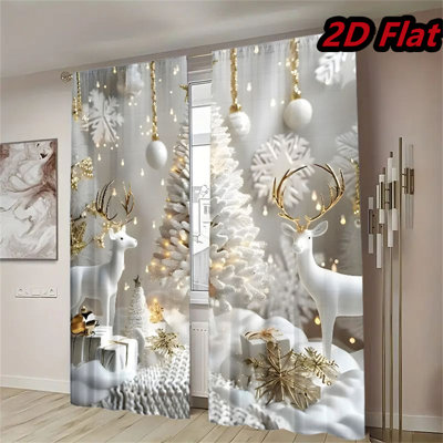 2Pcs White Winter Wonderland Curtains Christmas Deer Snowflake Print Rod Pocket Window Drapes Festive Holiday Gold Star Elegant Light Filtering Privacy Enhancing Home Decor for Living Room Bedroom Dining Decorative