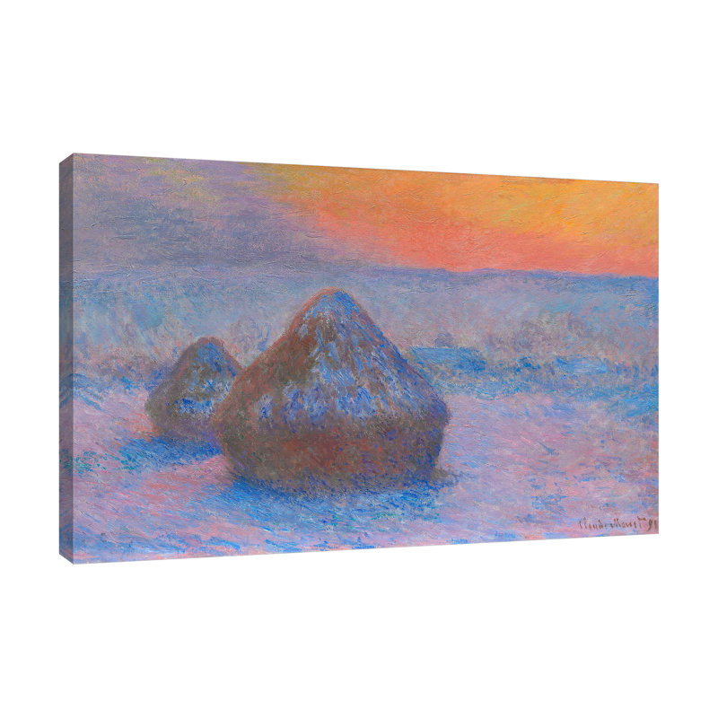 «Stacks Of Wheat, Sunset, Snow Effect» par Claude Monet - reproduction d'art sur toile tendue, H 16 po x l 24 po x P 1,5 po