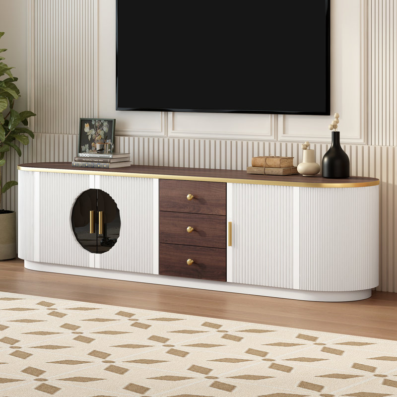 Console de télévision, meuble télé minimaliste moderne, centre de divertissement avec 3 tiroirs et 1 tablette, Blanc / Brun