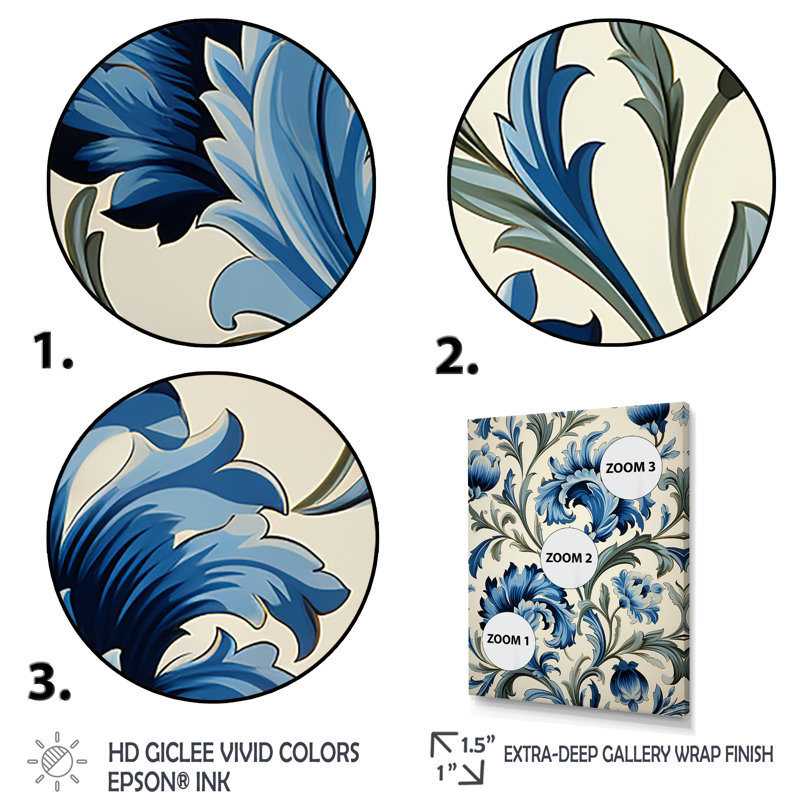 Floral Blue Turkish Tiles 1 - Art mural floral abstrait, Cadre flottant noir, H 32 po x l 16 po x P 1 po