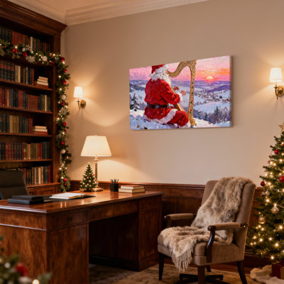 Ensemble de 3 reproductions d'art sur toile, Christmas Santa jouant de la harpe sur une colline enneigée au coucher du soleil