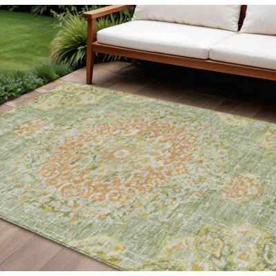 Tapis intérieur lavable à motif de médaillon floral 9 pi x 12 pi vert artichaut